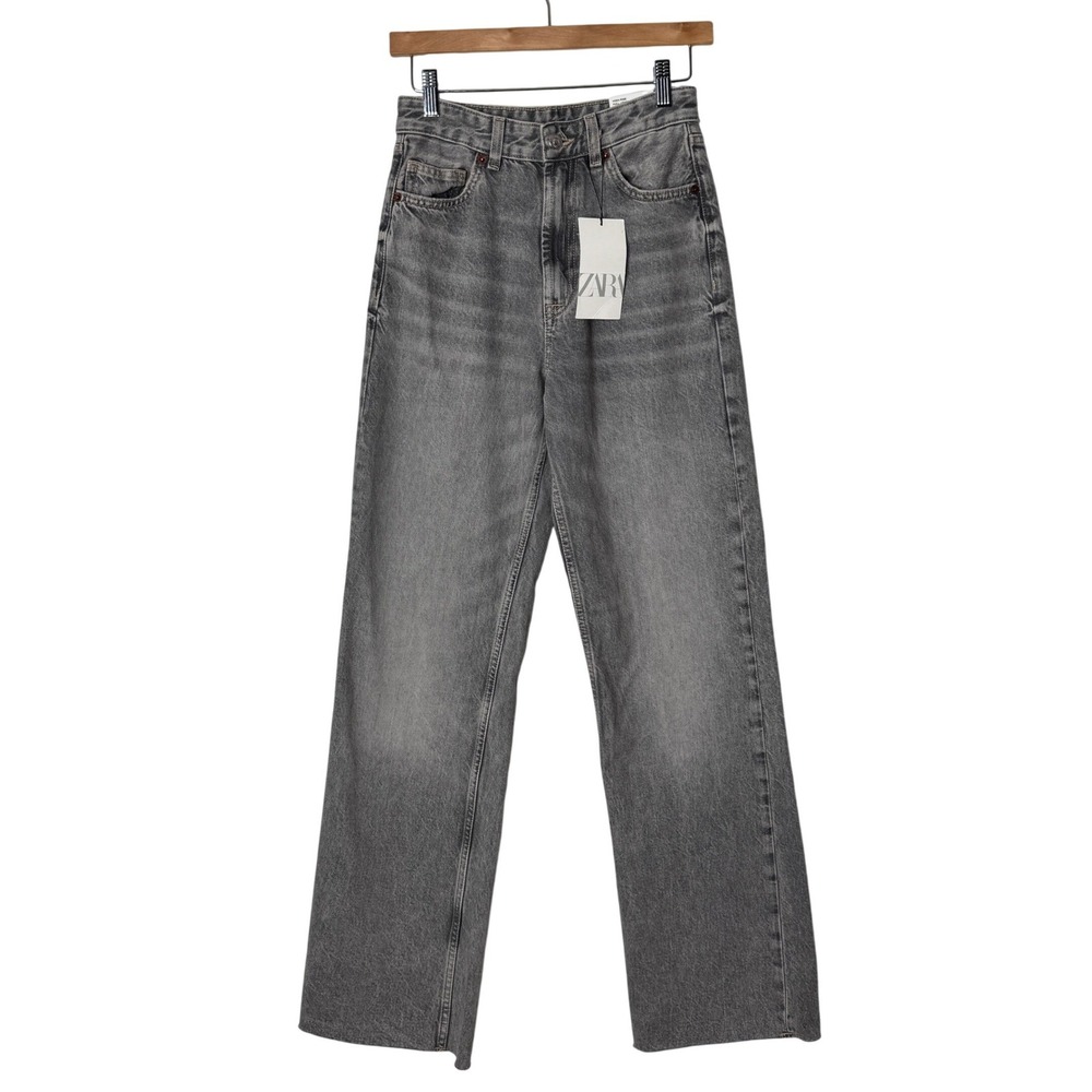 Zara High Rise Wide Leg Jeans Grey Full Length Raw Hem Denim Pants Womens 4 NEW